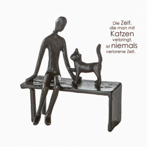 Frau mit Katze Skulptur Zuwendung aus Eisen, brüniert -Dekofigur Katzenliebhaber auf Bank