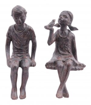 Kantenhocker Kinder Skulptur Hilda - Kinderfigur Mädchen mit Vogel und Junge