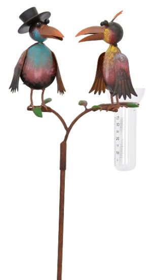 Regenmesser Rabenpaar - Dr. Rabe mit Zylinder und Gattin - Gartenstecker Niederschlagsmesser Vogelpaar