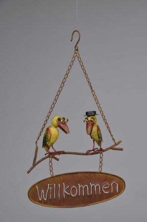Gartenhänger "Willkommen" mit Rabe und Vogel mit Hut - Willkommensschild zum aufhängen
