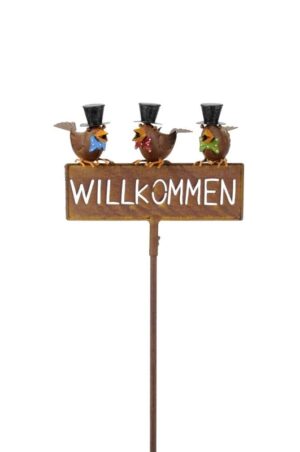 Willkommensschild Gartenstecker Spatzen - Beetstecker Willkommen mit 3 lustige Vögel