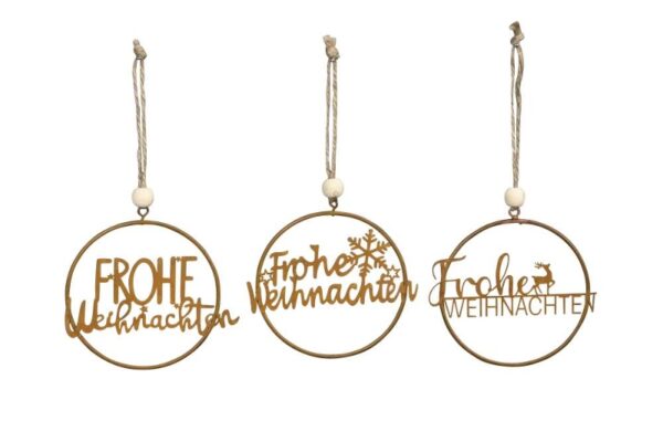 Metallkranz Frohe Weihnachten Baumschmuck - runder Metallanhänger mit Schriftzug