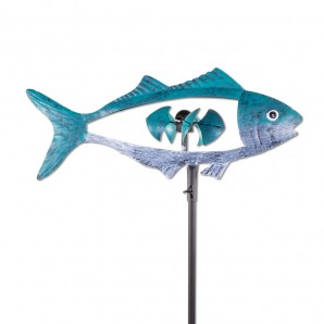 Metall Gartenstecker Fisch, blau - Fischwindspiel mit 5 Windschaufeln in Schuppenform
