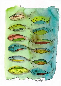 Kunst Postkarte Fishing for Compliments, Aquarell-Tusche, 1997, Fischschwarm Postkarte FishingforCompliments
