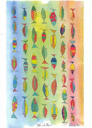Kunst Postkarte Hin und Her Aquarell, Tusche, 200 , Fische Karte pk-12-hin-und-her