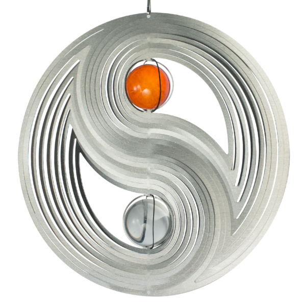 Edelstahl Windspiel YIN YANG 300 - Mobile Spirale Ø300mm mit 2 Glaskugel, inkl. Kugellagerwirbel, Haken, 1m Nylonschnur