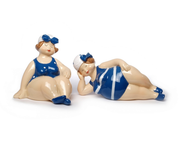 Retro Badedamen liegend blau mit Badehaube, 2er Set Rubensmodell - mollige lustige Frauen